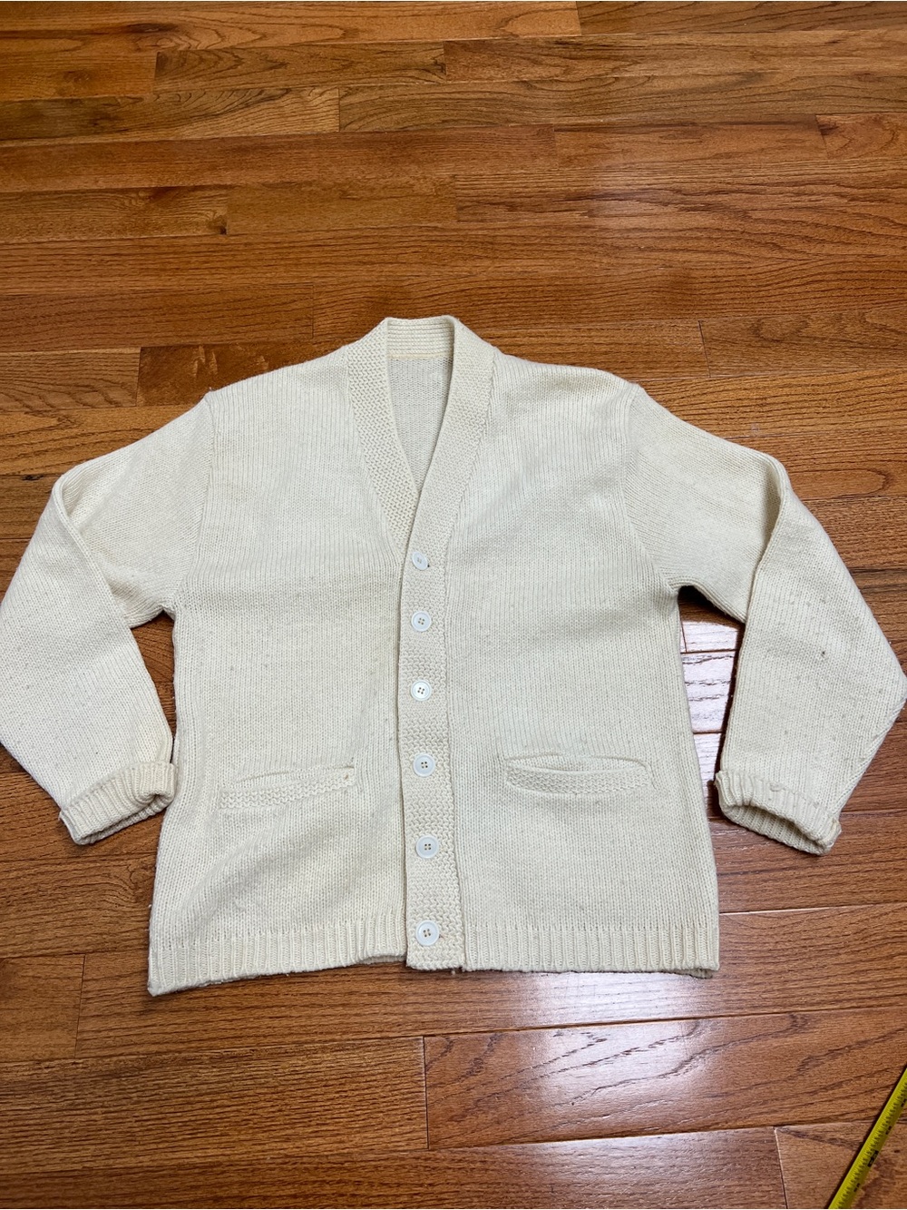 Vintage  Cream Button-Front Shawl Collar Cardigan Sweater